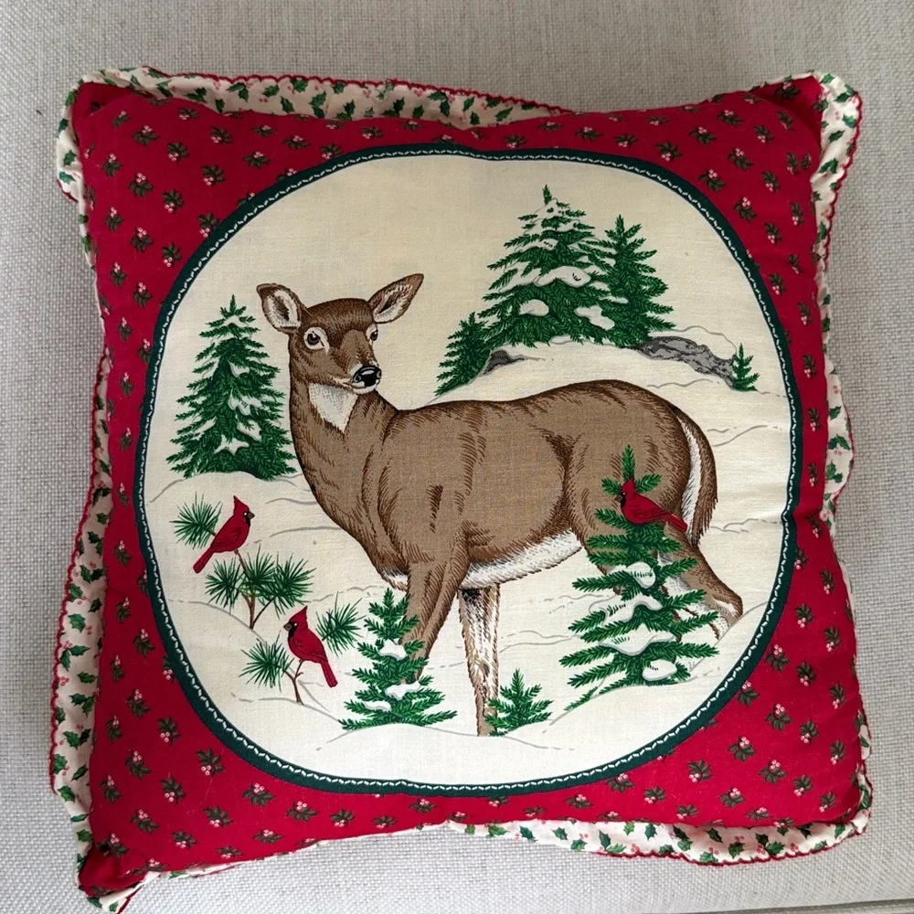 Vintage Quilted Deer Buck Cardinals Throw Holiday Pillows Set of 2